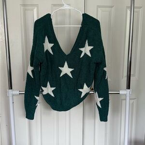 Blue Rain Green V-Neck Sweater with White Stars